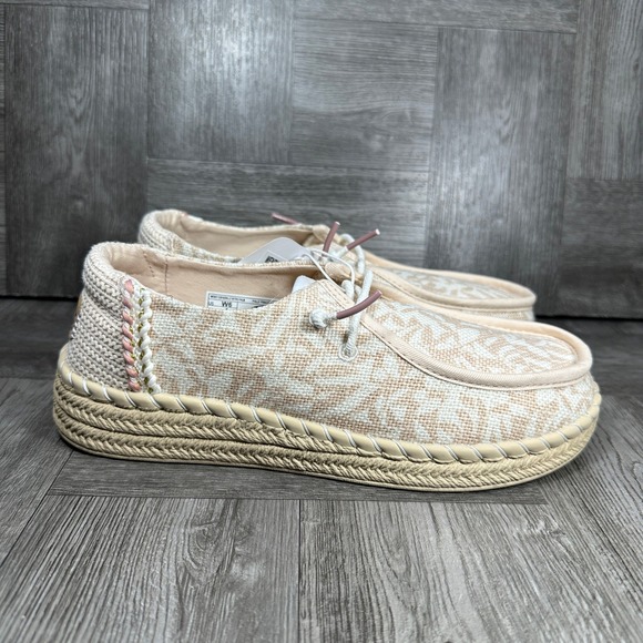 Hey Dude Shoes - Hey Dude Wendy Espadrille Women 6 Pink White‎ Palm Print Boho Slip On NEW
